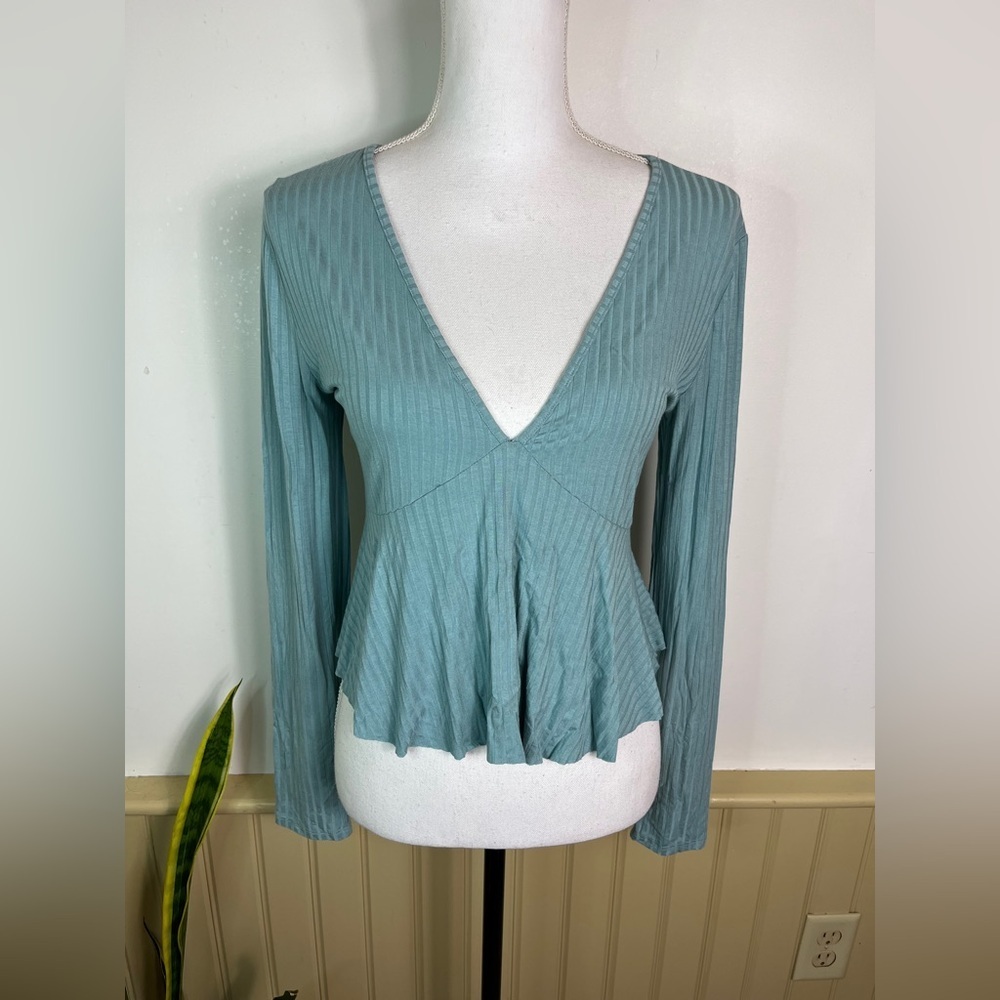 Wild Fable Teal Ribbed Babydoll Top M Long Sleeve Peplum Y2K Fairy Balletcore